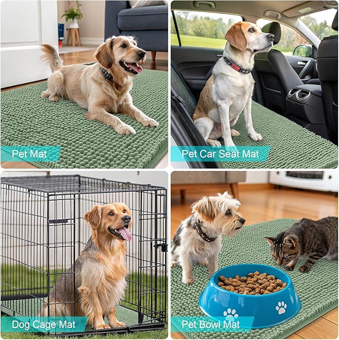 OLANLY Dog Door Mat for Muddy Paws 30x17, Absorbs Moisture and Dirt, Absorbent Non-Slip Washable Doormat, Quick Dry Chenille Mud Mat, Entry Indoor Entryway Carpet for Inside Floor, Olive Green