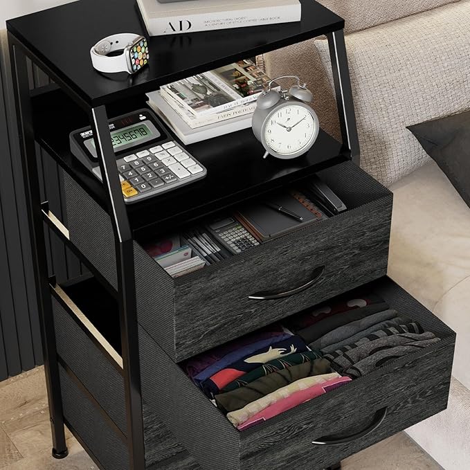 Dresser with 4 Drawers, Fabric Storage Tower for Bedroom, Black Clothes Storage Drawers, Vertical Closet Organizer for Kids Room, Entryway, Nightstand Bedside Table, Sturdy Steel Frame & Wooden Top