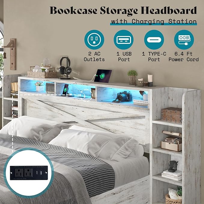 AMERLIFE King Size Lift Up Storage Bed Frame, 45.1" LED Bed Frame with 2 Side Shelves & Bookcase Headboard, Farmhouse Wood Platform Bed with Charging Station, No Box Spring Needed, Distressed White