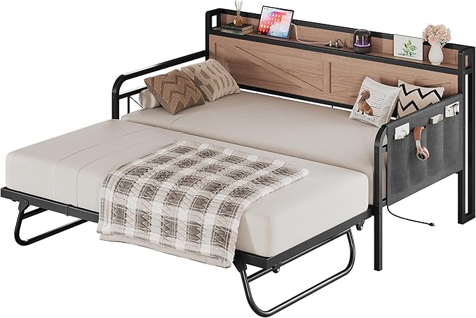 LIKIMIO Twin Daybed with Trundle Bed, Storage Headboard with Charging Station, Sofa Day Bed with Strong Supports for Living Room, Bedroom, and Guest Room, Wood Color