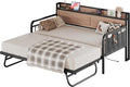 LIKIMIO Twin Daybed with Trundle Bed, Storage Headboard with Charging Station, Sofa Day Bed with Strong Supports for Living Room, Bedroom, and Guest Room, Wood Color