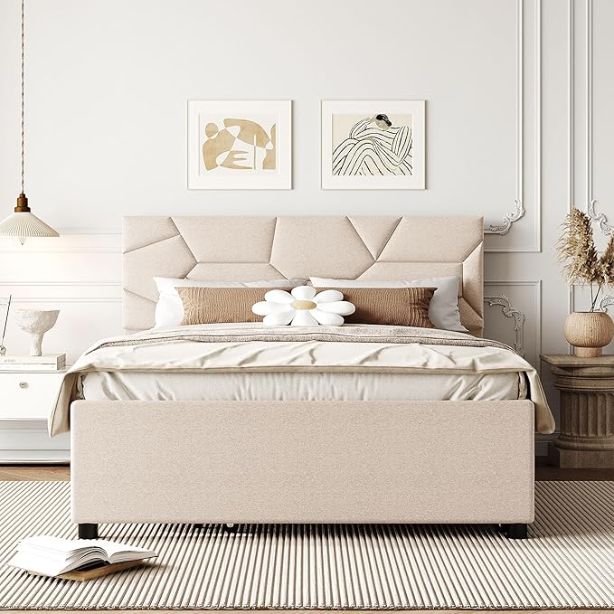 Full Size Upholstered Platform Bed with Twin Size Trundle, Headboard w/Brick Pattern, Wood Slat Support Included, for Boys Girls Kids Teens Adult,Beige