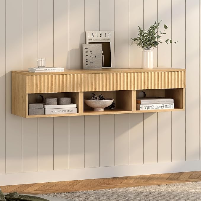 Floating TV Stands Set of 4 with Drawer and Open Shelf, Small Wall Mounted Bedside End Table, Modern Fluted Night Stand for Bedroom, Living Room, Natural Oak