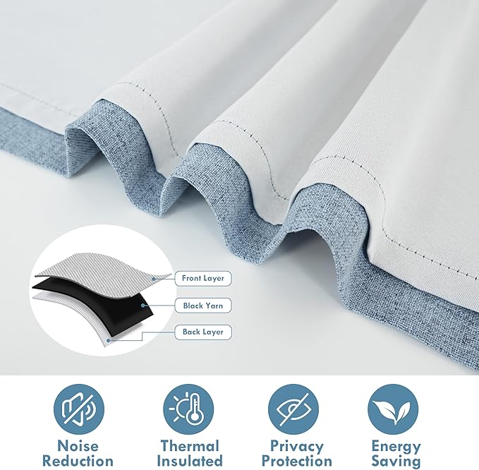 DriftAway Double Layer Linen Blackout Tie Up Curtains Thermal Insulated Fully Lined Balloon Roman Shade Bathroom Window Adjustable Rod Pocket for Small Window 31 Inch by 47 Inch Dusty Blue