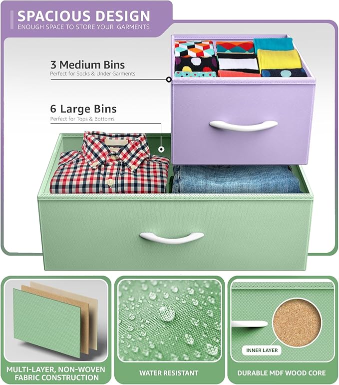 Sorbus Kids Dresser with 9 Drawers - Furniture Storage Chest Tower Unit for Bedroom, Hallway, Closet, Office Organization - Steel Frame, Wood Top, Fabric Bins (Pastel 1, Pastel)