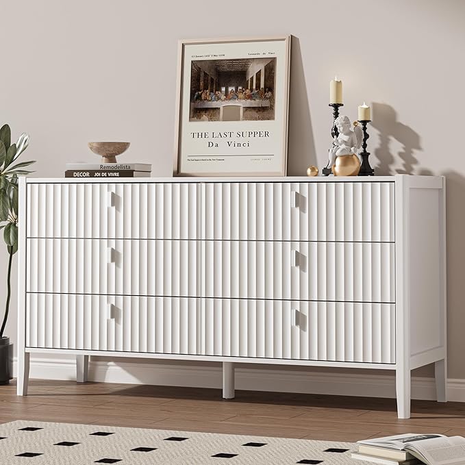 Fluted 6 Drawer Dresser for Bedroom, 55.1" Wide Modern Chest of Drawers with Solid Wood Legs, Versatile Storage Cabinet for Living Room, Office, Hallway, White