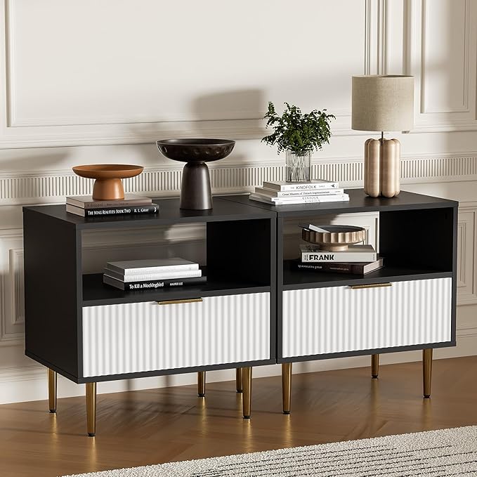 Nightstand with Drawer, End Table with Storage, Bed Side Table with Open Space for Bedroom, Modern Nightstand with Golden Handle, Side Night Stand for Bedroom, Living Room, Black & White