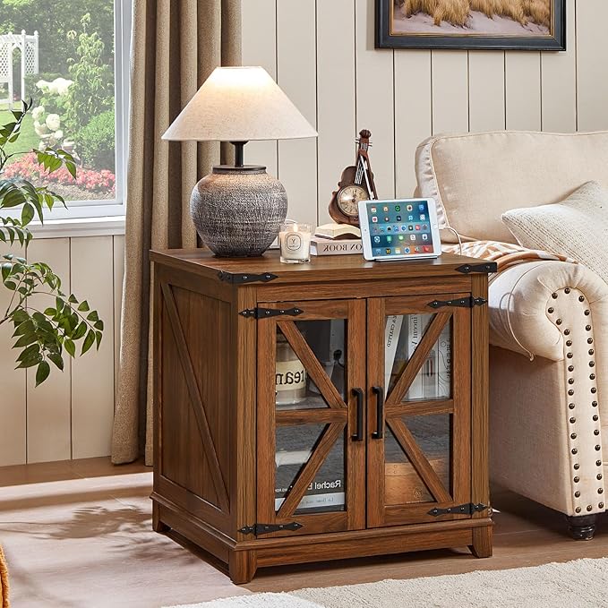 Farmhouse End Table Set 3, Narrow 18'' Night Stand with Glass Barn Door, 24" Square Side Table with Charger Station, Living Room Furniture Sets, Wood Nightstand Bedside Tables for Bedroom