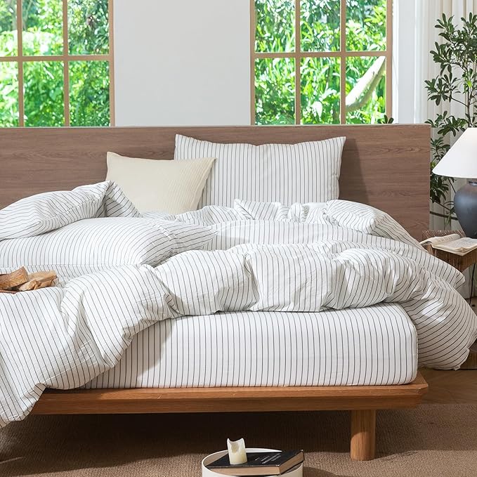 MooMee Striped Duvet Cover Set 100% Washed Cotton Linen Like Textured Breathable Durable Soft Comfy (White Heathered Green Wide Stripes, Oversized King Plus 128"x120")