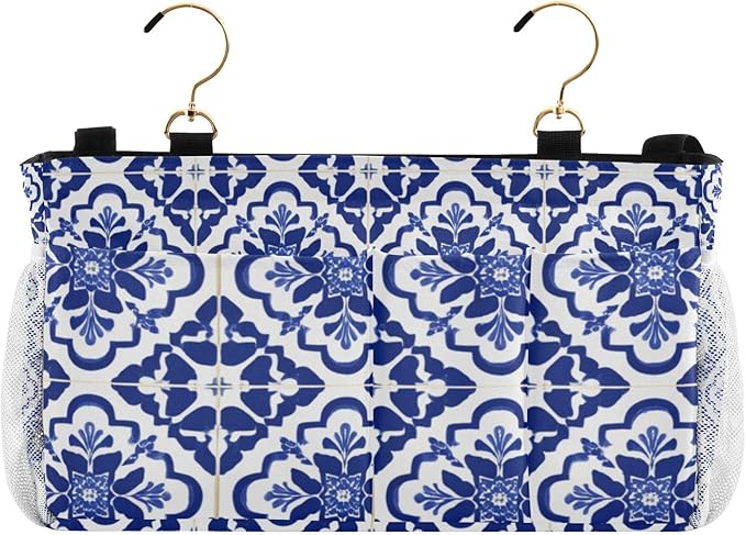 Bedside Caddy Hanging Bunk Bed Caddy Bed Organizer Hanging Pocket with 2 Hooks Bedside Storage Organizer Pocket Bag Holder Floral Blue and White Geometric