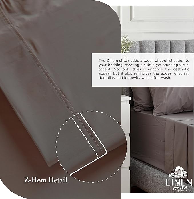 Linen Home 100% Cotton Percale Sheets California King Size, Charcoal, Deep Pocket, 4 Pieces Set - 1 Flat, 1 Deep Pocket Fitted Sheet and 2 Pillowcases, Crisp Cool and Strong Bed Linen