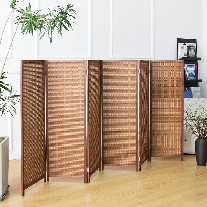 6 Panel Short Room Divider Screen,Brown Freestanding Partition,Small Bamboo Panel Divider for Room Seperation,3.95 FT Tall