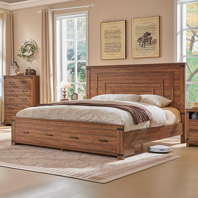 T4TREAM Farmhouse King Size Bed Frame with 54" Tall Geometric Headboard & 2 Large Storage Drawers, Rustic Wood Platform Bed with Wood Slats Support, No Box Spring Needed, Reclaimed Barnwood