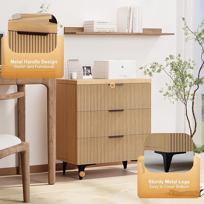 Royal Windsor Fluted Nightstand with 3 Drawers, Side Table End Table, Accent Storage Cabinet,Modern Night Stand Bedside Table for Bedroom,Natural Oak