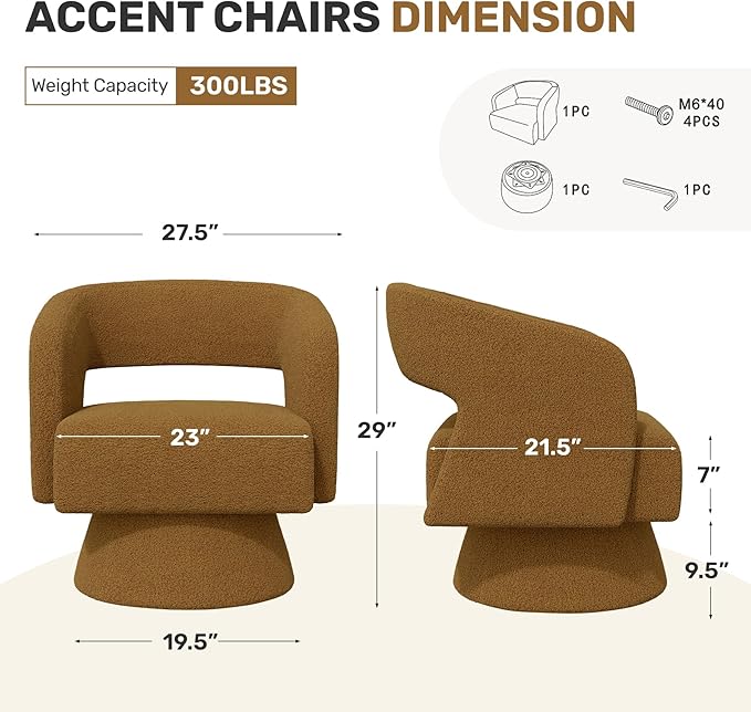Swivel Accent Chair Set of 2, Modern Comfy Teddy Barrel Chairs, Oversized Upholstered Round Arm Chair for Living Room, Bedroom, Reading Room, Brown