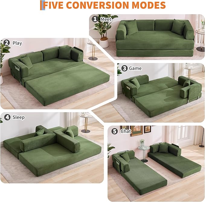 Garvee 5-in-1 Convertible Sofa Bed, 78.8" Modular Corduroy Sleeper with Sturdy Frame & No Assembly, Multi-Functional Futon for Small Space, Living Room & Guest Room (Green)