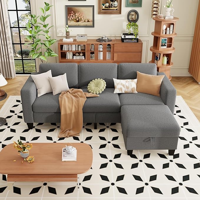 ZeeFu Sectional and Sofa Couches for Living Room - 78'' 3 Seater L-Shaped Modular Couch with Storage Ottoman - Modern Velevt Fabric Upholstered Sofa Set for Small Space Apartment Office