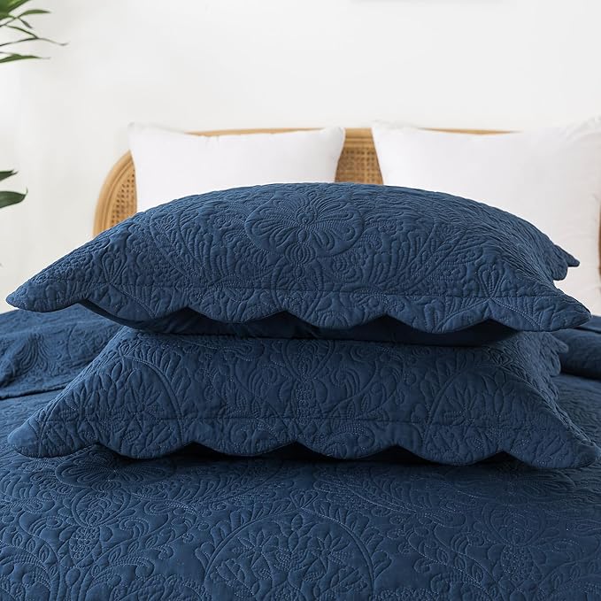 HoneiLife Queen Quilt Bedding Set - Microfiber Quilt Sets for Queen Bed, 3-Piece Lightweight Bedspreads,Reversible Coverlets Rustic Bedlinen Sets, Floral Bedding Set All Season Quilts-Navy