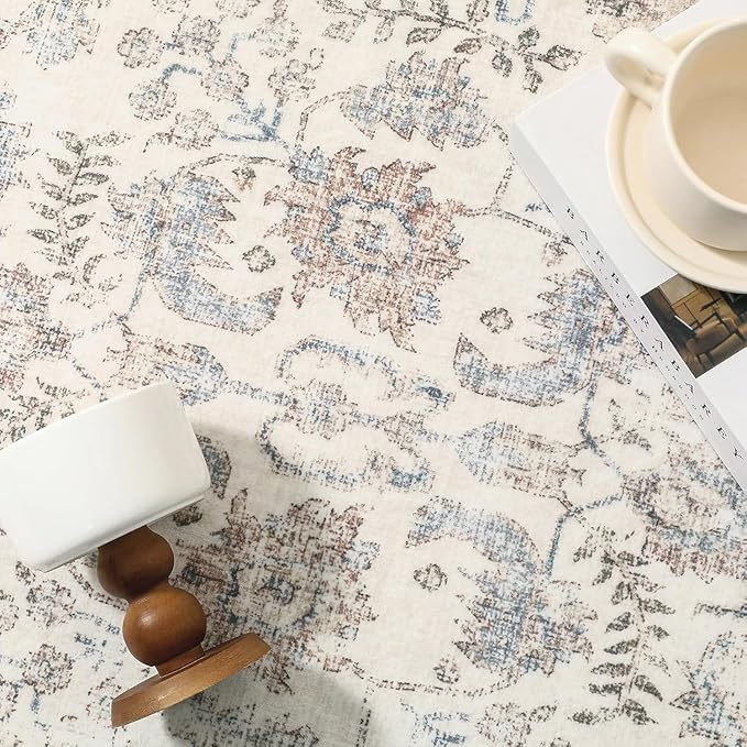 Taupe Runner Rug 2x6 Hallway Machine Washable Kitchen Vintage Distressed Non Slip Long Carpet Indoor Retro Floral Bedroom Accent Throw Rug for Bathroom Office Laundry Dining Living Room