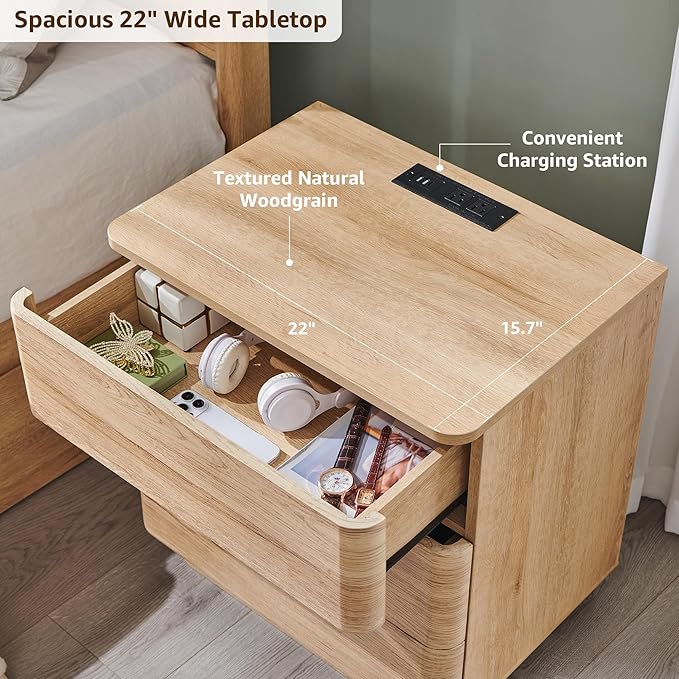 JXQTLINGMU 22" Modern Nightstand Set of 2 with Charging Station, Large Push-to-Open End Table, Wood Bedside Table, Curved Profile, Handleless 3 Drawer Night Stand for Bedroom, Living Room, Natural Oak