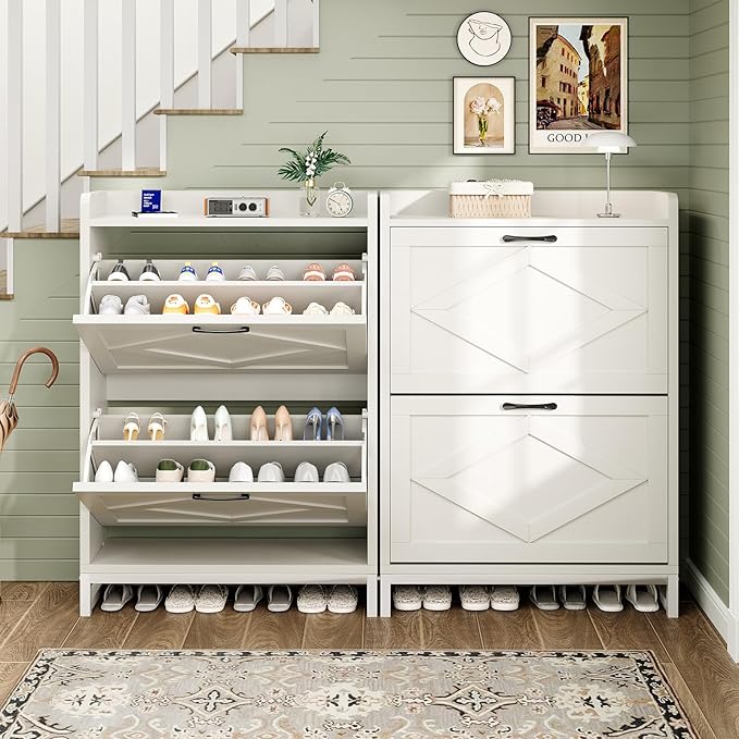 Shoe Cabinet, Shoe Storage Cabinet with 2 Flip Drawers & Adjustable Shelf, Space-Saving Shoe Organizer – Holds 12+ Pairs, Narrow Shoe Cabinet Storage for Entryway/Hallway（White）