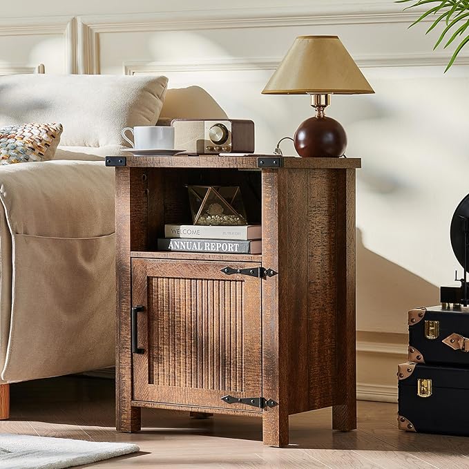 Joaxswe Night Stand Set of 2, 18 Inch Farmhouse Nightstand with with Charging Station and USB Port, Rustic Wood Bedside Table with Magnetic Door, Bed Side Tables for Bedroom, Reclaimed Barnwood