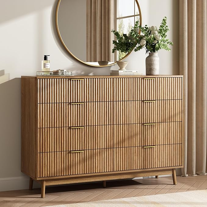 CARPETNAL Fluted 8 Drawer Dresser for Bedroom, 55" Wide Wooden Chest of Drawers with Rounded Corners, Gold Handles, Modern Storage Organizer for Bedroom, Hallway(Walnut)