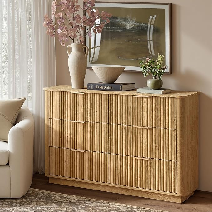 win2win 6 Drawer Dresser, Modern Dresser with Storage, 47" Wide Fluted Chest of Drawers with Faux Marble Top, Dressers TV Stand, Minimalist Drawers Organizer for Bedroom, Living Room, Hallway, Oak