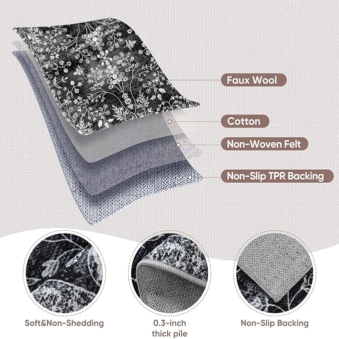 2x6 Runner Rugs for Hallways: Washable Kitchen Rugs Ultra Soft Vintage Carpet Low Pile Floral Runner with Rubber Backing Non Slip for Bedroom Bathroom Laundry Living Room Dining Black White