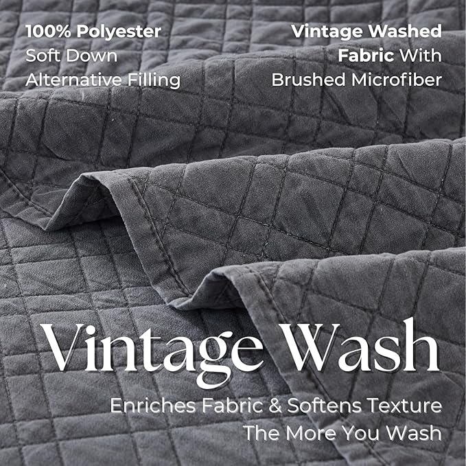 King Quilt Set with Shams Lightweight Quilted Bedspread Coverlet Thin Comforter Bed Cover Vintage Washed Quilted Blanket for All Season, Brushed Microfiber Diamond Stitching, Ash Gray, 104"x92"