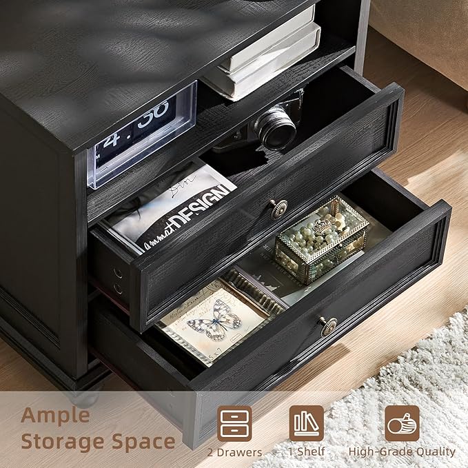 24" Wide Farmhouse Nightstand with Charging Station, End Table with 2 Drawers, Black Wood Dresser for Bedroom Cabinet, Bed Side Table Chest of Drawers, Night Stand for Living Room, Closet