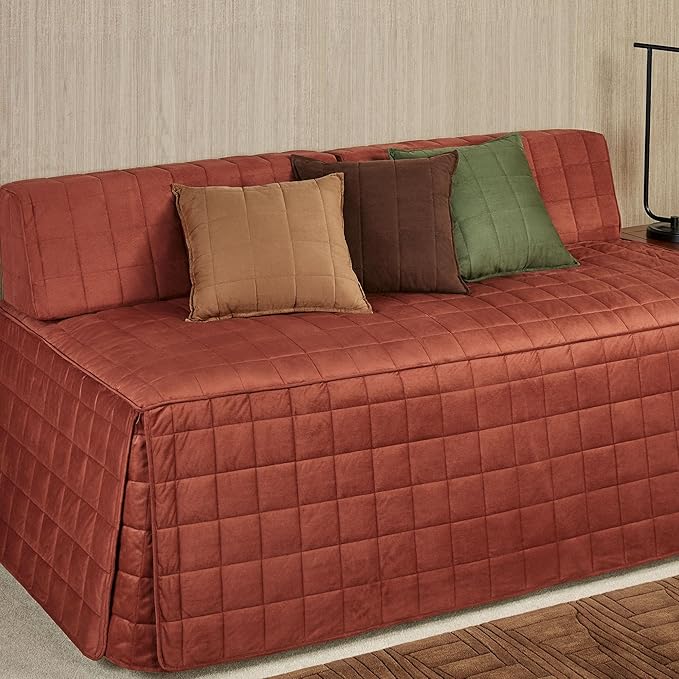 Camden Luxury Bedding | Warm Russet Color | Fitted Hollywood Daybed Bedding | Faux Suede Box Quilted Design | 5 Piece Set Includes Hollywood Cover, 2 Bolster Shams, and 2 Bolster Pillows