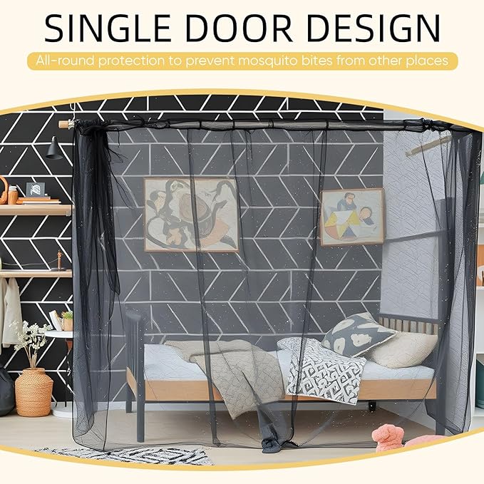 4 Corners Mosquito Net for Mosquiteros para Camas Bed Canopies Netting Bed Drapes Rectangular Mosquito Mesh for Camping Home Outdoor Travel(Black,L75 X W59 X H67 Inch,1 Opening)