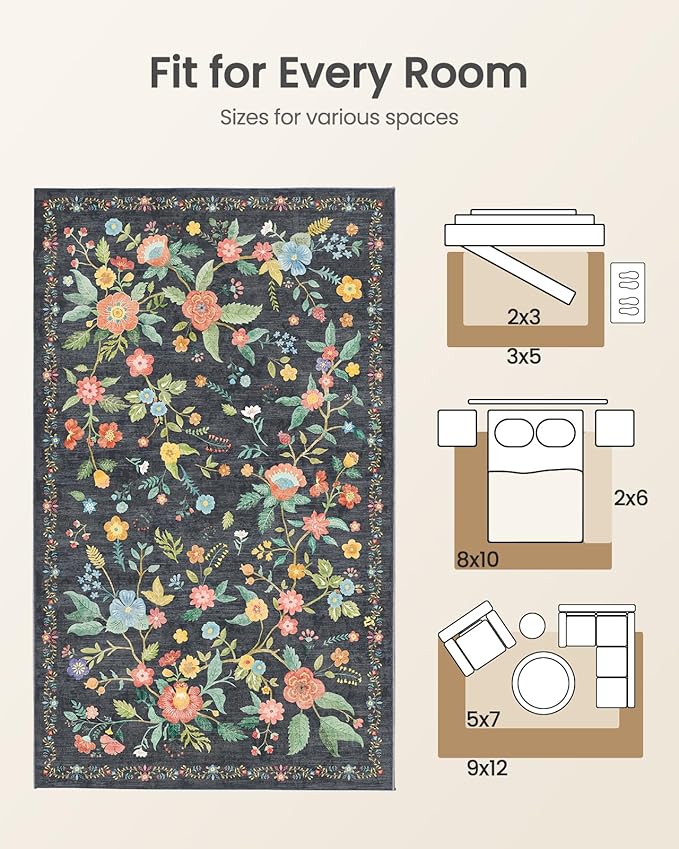 Amada 3x5 Washable Area Rugs, Non-Slip & Low-Profile Entryway Rug with Reinforced Edge Binding, Boho Floral Pattern, Soft Washable Rug for Bedroom, Entryway & Home Office