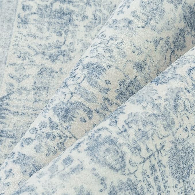 Blue Area Rug 9x12 Machine Washable Large Vintage Living Room Distressed Non Slip Carpet Traditional Indoor Bedroom Retro Floral Accent Throw Rug for Office Kitchen Dining Room