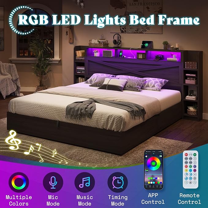 AMERLIFE Full Size Lift Up Storage Bed Frame, 45.1" LED Bed Frame with 2 Side Shelf & Bookcase Headboard, Farmhouse Wood Platform Bed with Charging Station, No Box Spring Needed, Black