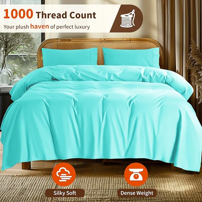 LBRO2M 1000 Thread Count 100% Egyptian Cotton Sheets Set Twin XL, 3 Piece Sets Bed Sheet Deep Pocket Sheet Set 16" Soft Comfortable All Season (Twin XL, Lake Green)