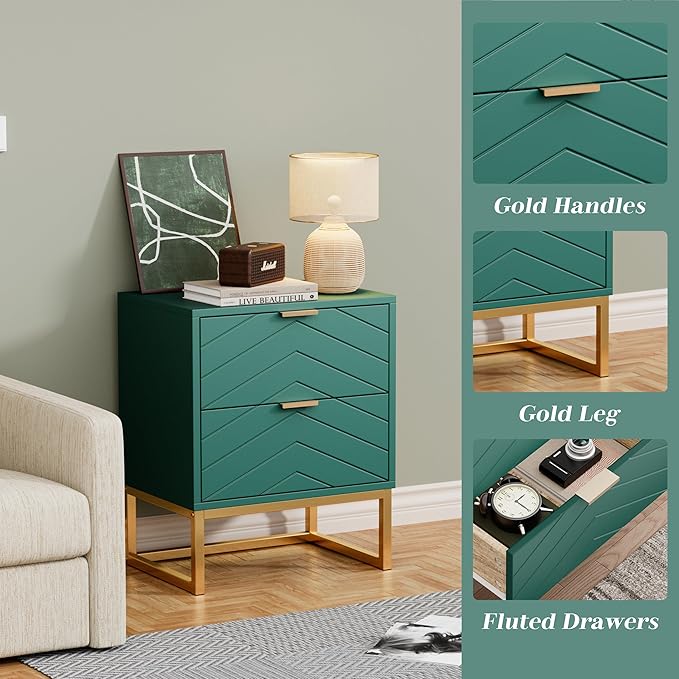 Anbuy 3 Pieces Bedroom Sets, 6 Drawer Dresser and Nightstand Sets for Bedroom, Night Stand Set of 2 & 6 Drawer Dresser with Gold Handles, Morden Wood Chest of Drawers Storage Cabinet Set, Green