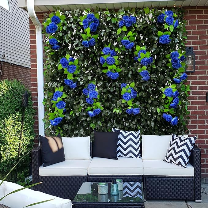 GLANT Expandable Fence Privacy Screen for Balcony Patio Outdoor,Decorative Faux Ivy Fencing Panel,Artificial Hedges (Single Sided Leaves) (4, Branches -Blue Rose)