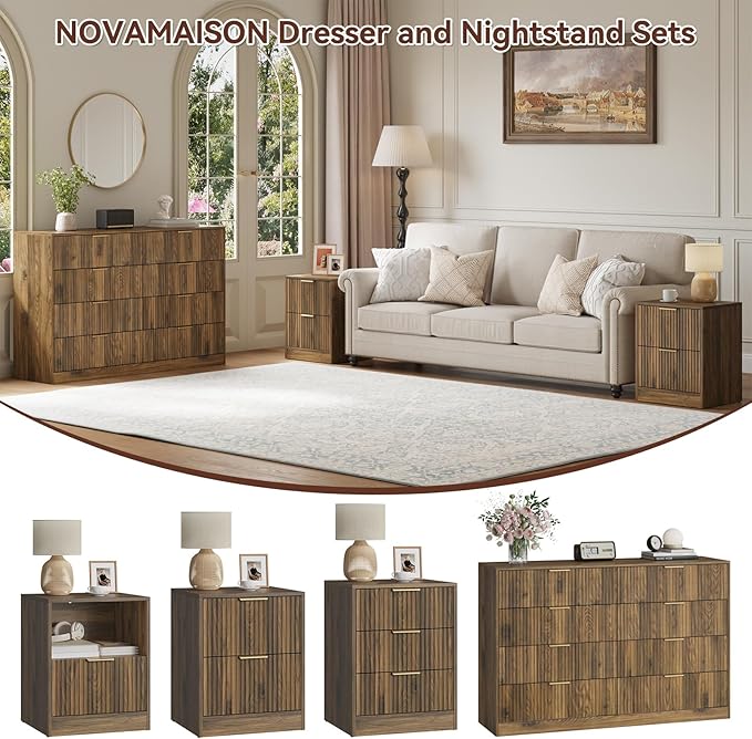 8 Drawer Dresser & Nightstand Set 3-Piece, 55” Wide Fluted Walnut Dresser and Night Stand Set of 2 with Metal Handle, Modern Wood Chest of Drawers Storage Dressers Set for Bedroom, Walnut