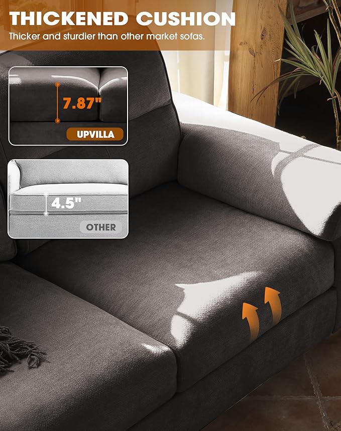 88.97" Modern Sofa Couch for Living Room, Deep Seat Sofa with 8”Cushion, Comfy 2-Seater Chenille Loveseat Sofa with Convertible Armrest, Removable Sofa Cover, High Leg (Dark Gray)