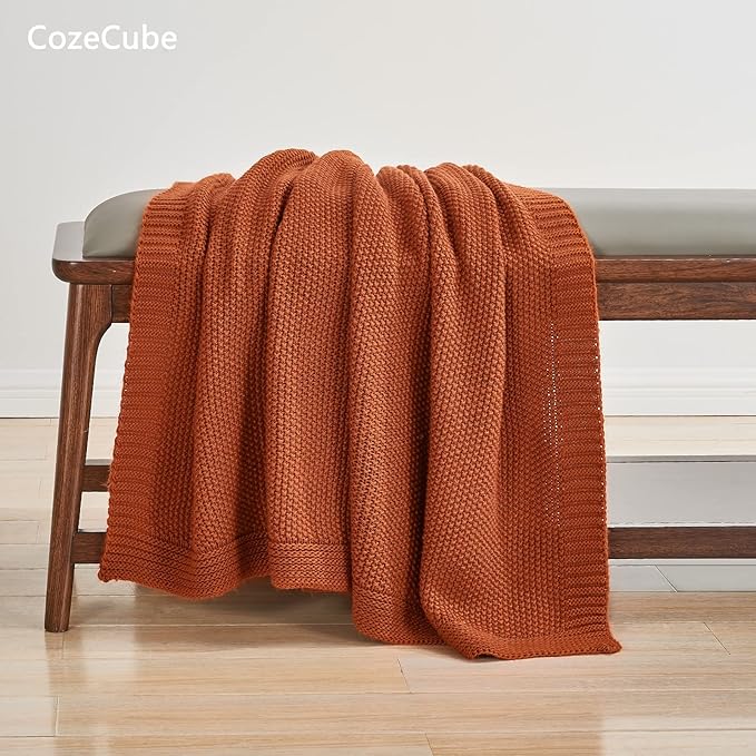 CozeCube Orange Throw Blanket for Couch, Soft Cozy Cable Knit Throw for Bed Sofa Living Room, Lightweight Warm Decorative Farmhouse Christmas Blanket, 60"x80", Burnt Orange