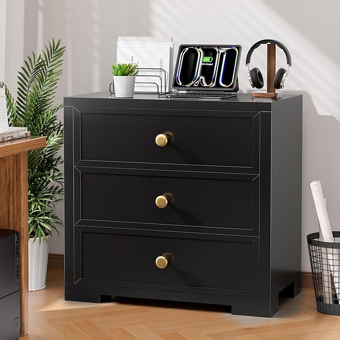 COWMOU Nightstand with Drawers 3 Drawer Night Stand with Charging Station Farmhouse Style Large Bed Side Table for Bedroom Living Room (1, Black)