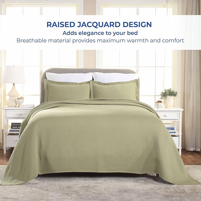 Superior 3 Piece Basketweave Cotton Bedspread Set, Home Bed Decor, Decorative Bed Spread, 2 Pillow Shams, Medium Weight Blanket, Matelasse Coverlet Bedding, Geometric Lattice Pattern, Queen, Sage