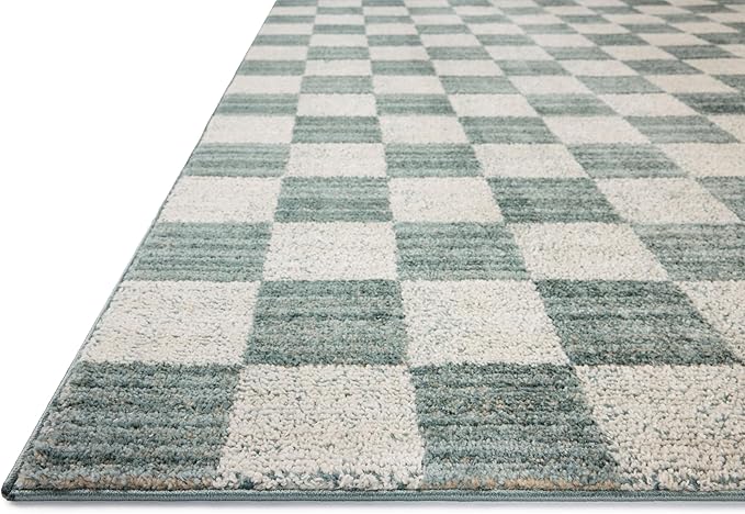 Loloi Chris Loves Julia Calvin Collection CLV-01 Blue/Ivory 5'-3" x 5'-3" Round Area Rug Checkered Neutral Soft Living Room Bedroom Carpet
