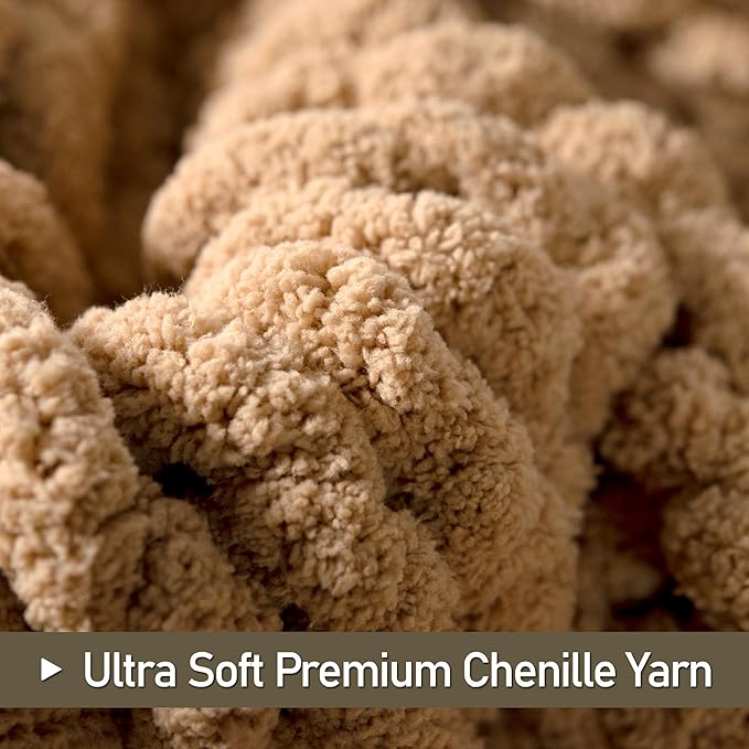 Chunky Knit Throw Blanket 50"X 60", 100% Handmade with Soft Chenille Yarn, 4.4lbs Thick Cable Knitted Blankets, Large Rope Knot Crochet Throws for Couch Sofa Bed Home Decor, Tan Brown