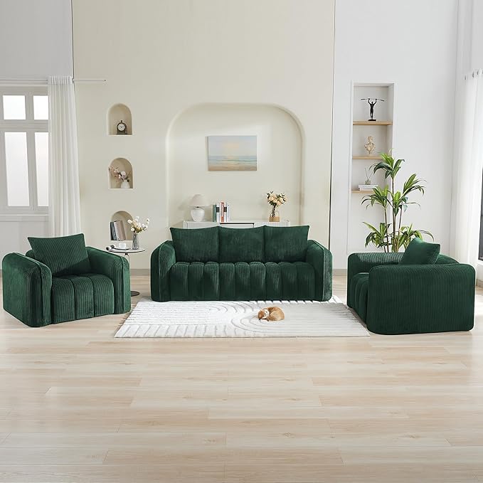 Corduroy Boneless Living Room Sets, Modern Upholstered 3 Seater Sofa with 2 Signle Accent Chairs, Comfy Deep Seat Cloud Sofa Couch Sets for Living Room, Green