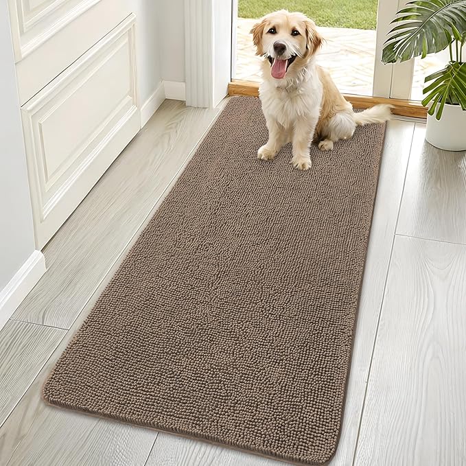 OLANLY Dog Door Mat for Muddy Paws 70x35, Absorbs Moisture and Dirt, Absorbent Non-Slip Washable Doormat, Quick Dry Chenille Mud Mat for Dogs, Entry Indoor Entryway Carpet for Inside Floor, Tan