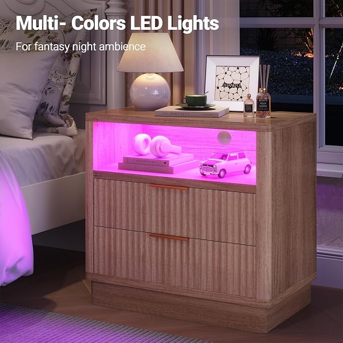 ELYKEN Wood Fluted Nightstand with Charging Station & LED Light, 24" Wide Night Stand for Bedroom, LED 2 Drawer Bedside Table with Power Outlet