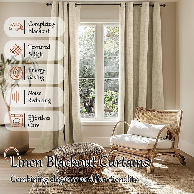 100% Blackout Curtains 95 Inches Long for Living Room 2 Panels Set, Faux Linen Textured Floor Length 95 Inch Thermal Insulated Bronze Grommet Boho Window Drapes, Each 52" Wide, Burlap